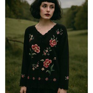 vintage 80s COTTAGECORE SWEATER TUNIC floral embroidered crochet bow plus 3X